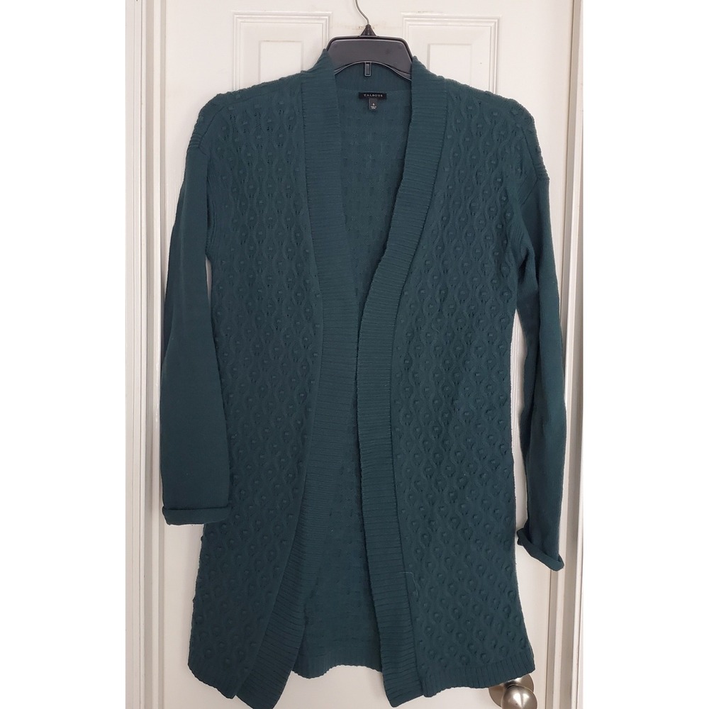Talbots Dark Green Open Front Chunky Knit Cotton Cashmere Blend Duster Size‎ S